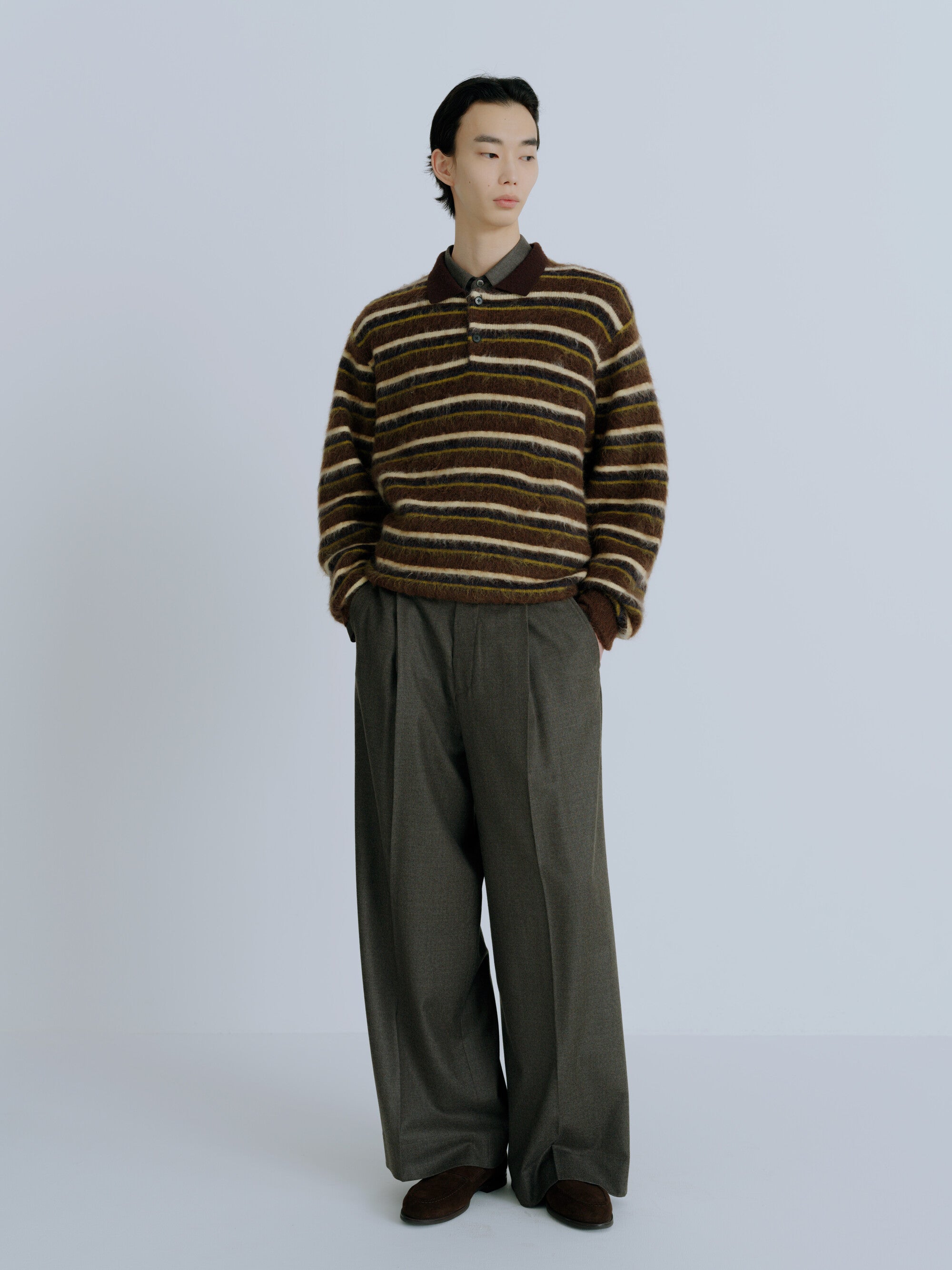KID MOHAIR RIBBED KNIT POLO LS
