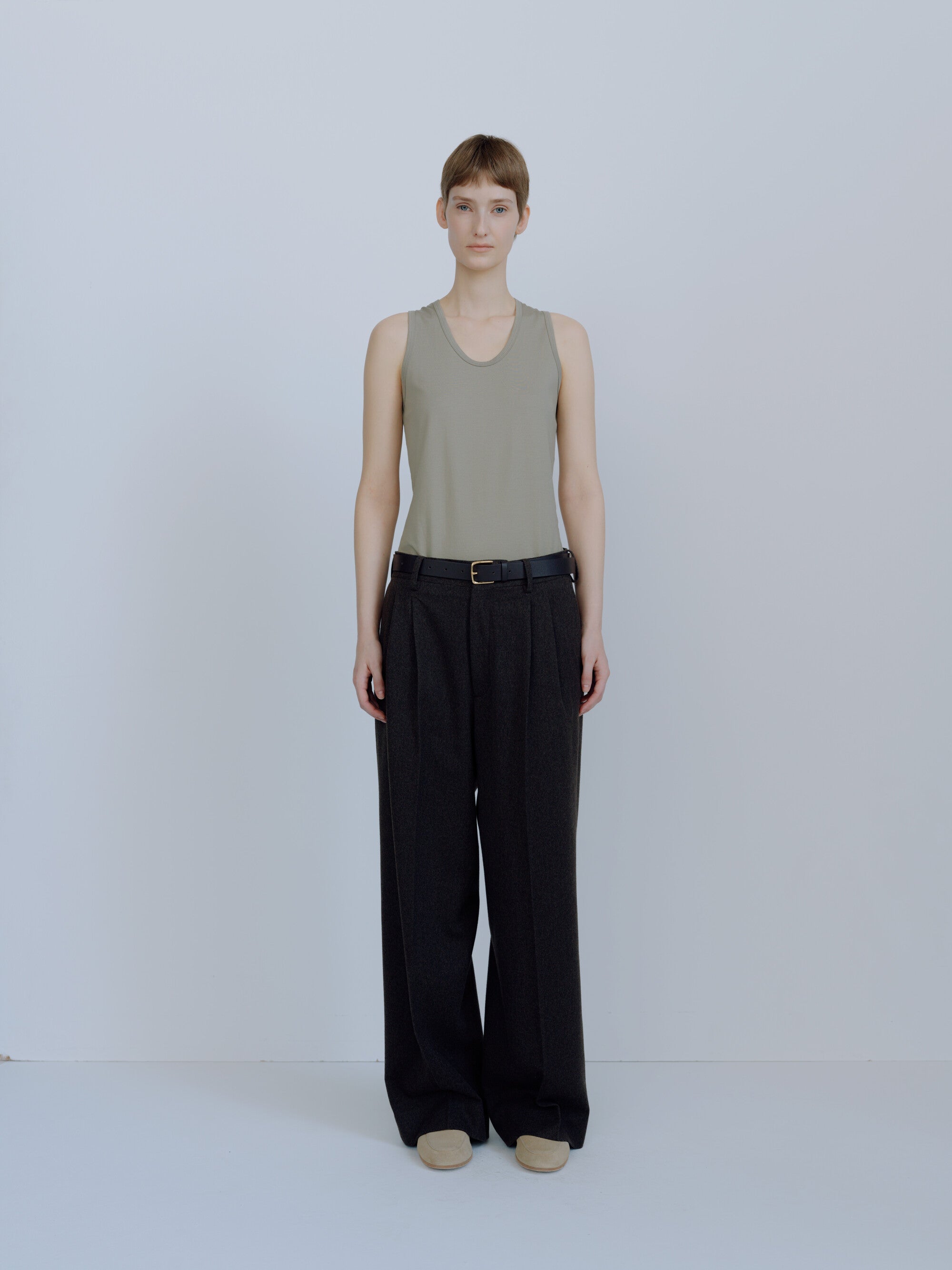 WOOL DOESKIN LONG WIDE TROUSERS