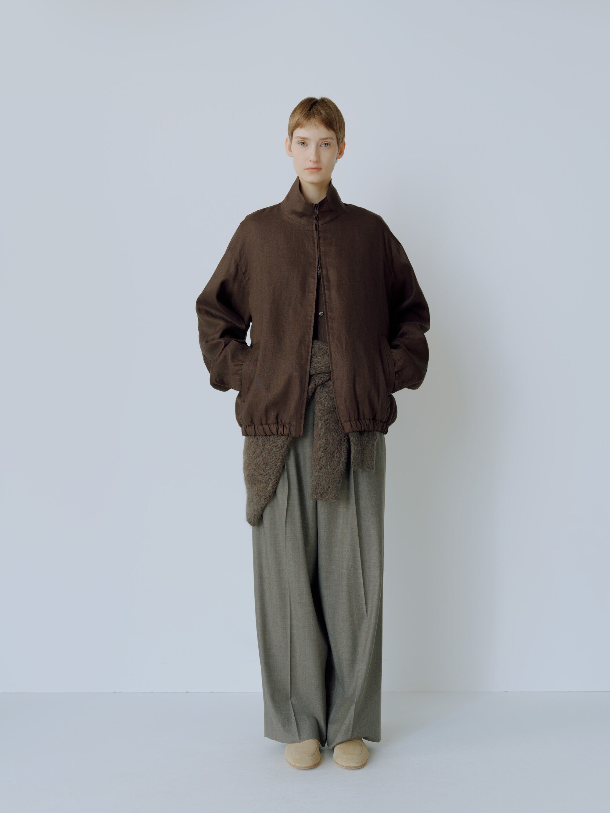 LIGHT LINEN SHIRRED LIGHT ZIP JACKET