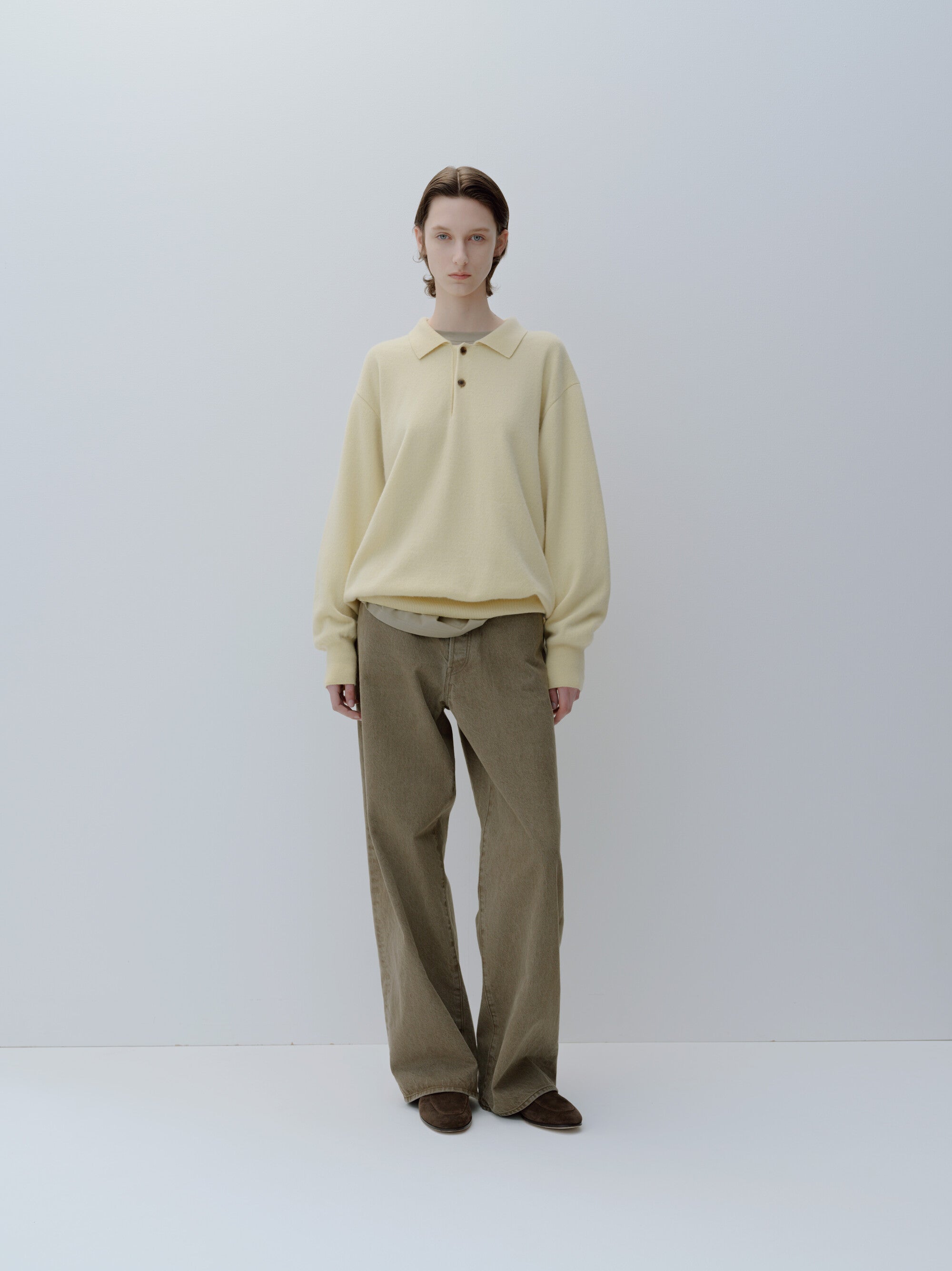 PURE CASHMERE KNIT POLO LS
