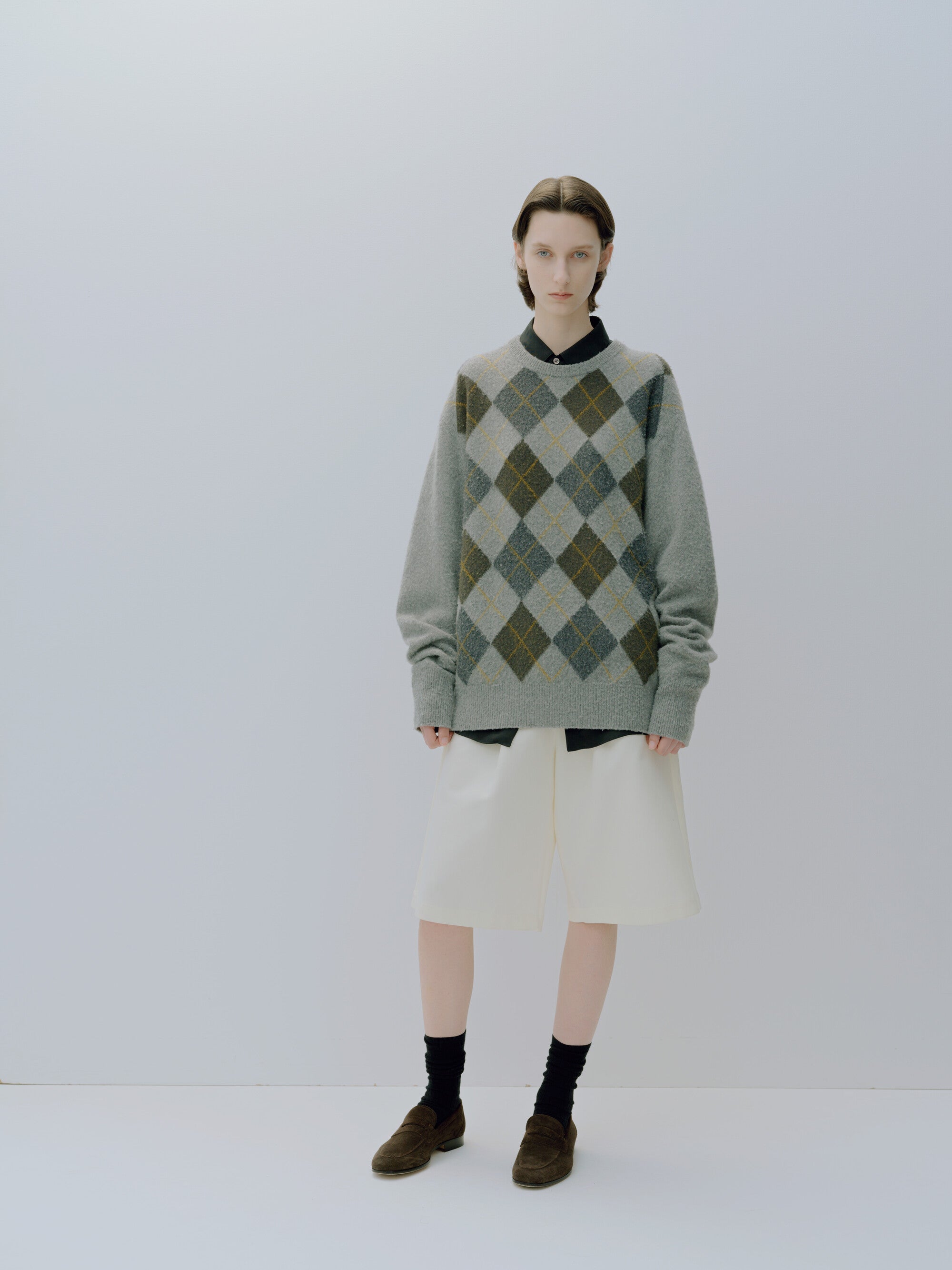 FINE WOOL ARGYLE KNIT CREW NECK LS